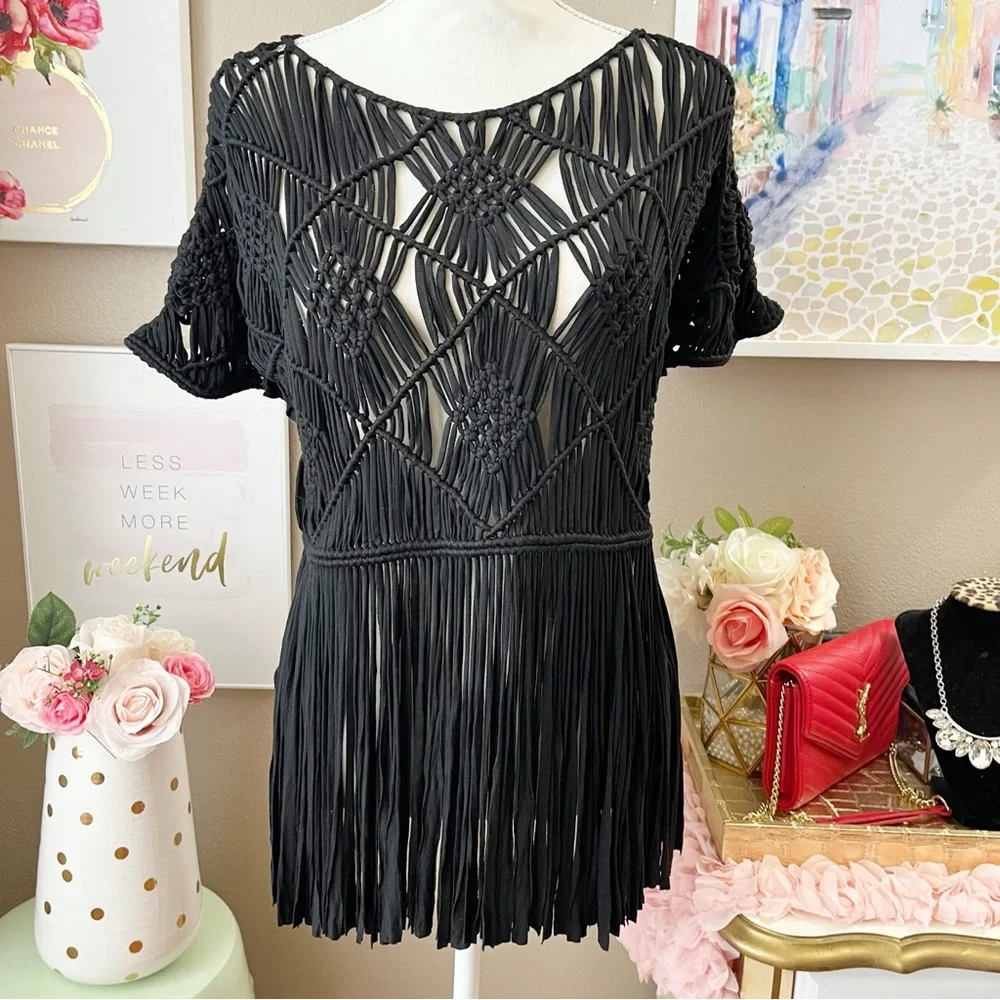 Buckle Black Sterling and Stitch black fringe coverup top - Picture 1 of 5